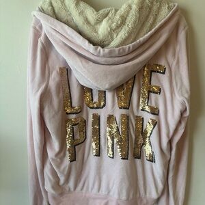 VS Pink Velour Fur Sequin Bling Vintage Hoodie L